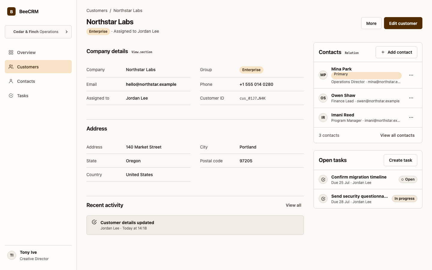 BeeCRM customer detail view in light theme