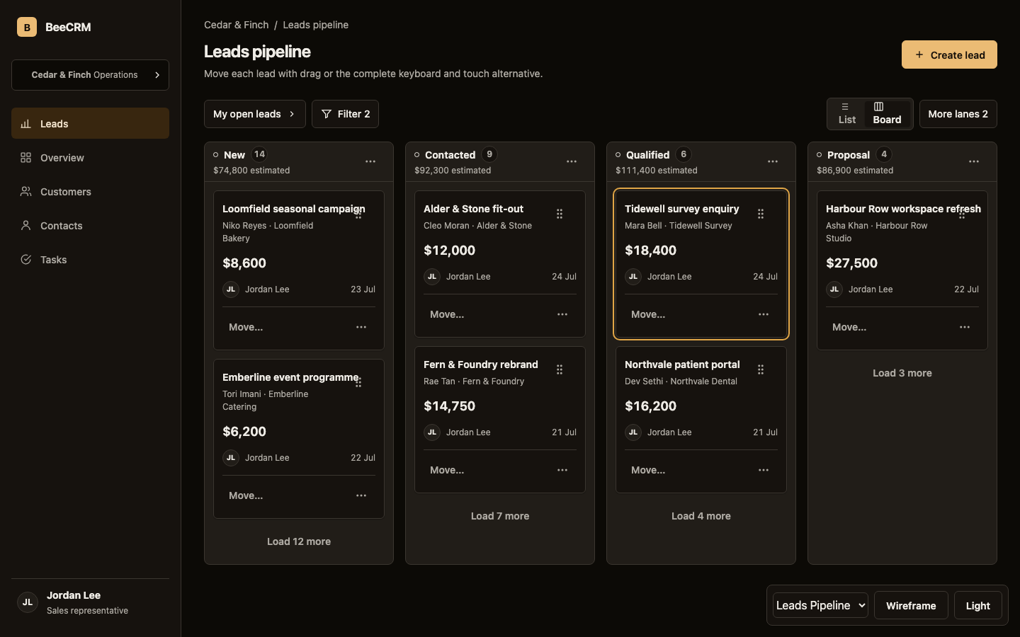 BeeCRM Leads kanban view in dark theme
