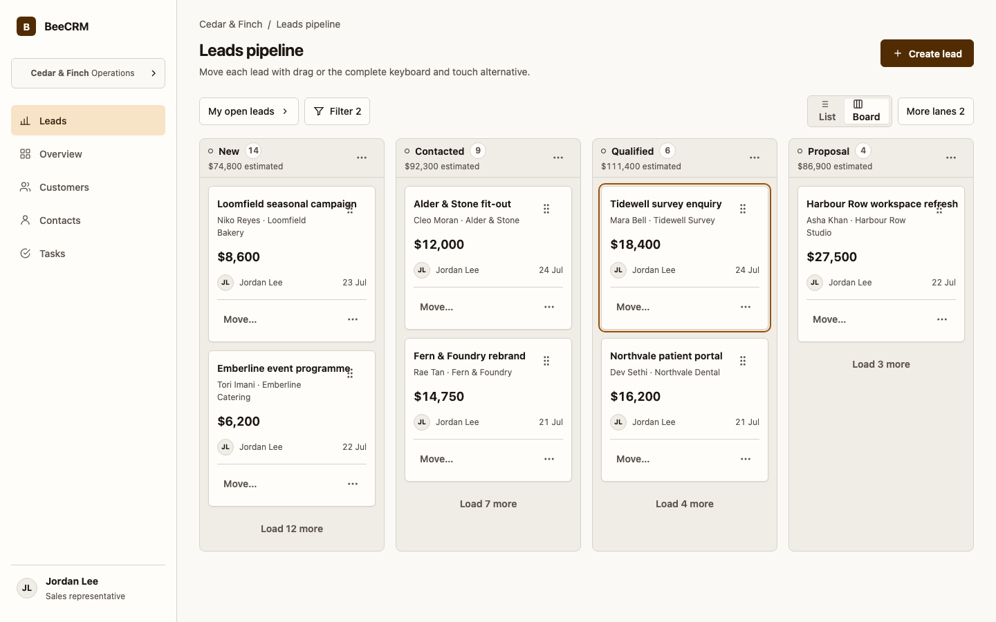BeeCRM Leads kanban view in light theme