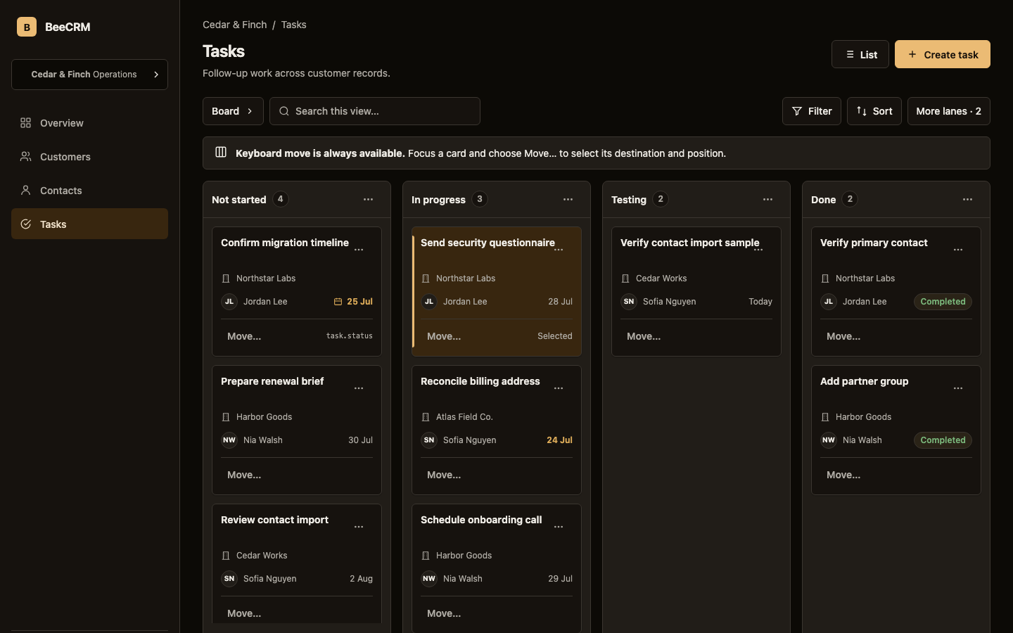 BeeCRM Tasks kanban view in dark theme