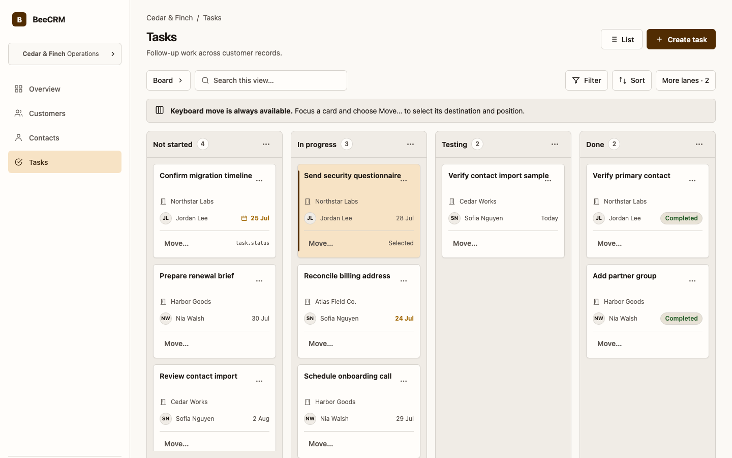 BeeCRM Tasks kanban view in light theme